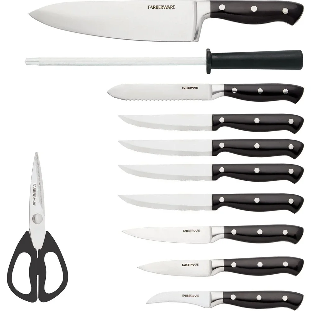 Farberware 12-Piece Forged Knife Set – High-Carbon Steel, Triple Riveted Handles